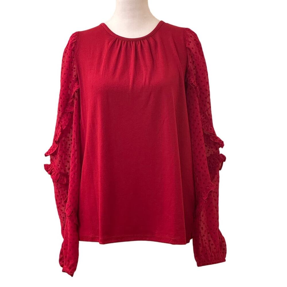 Loft Red Blouse Sheer Polka Dot Long Sleeve Size Medium